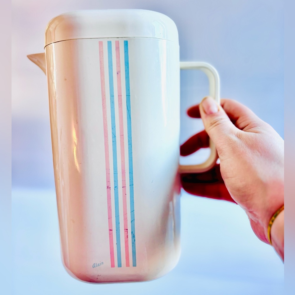 Vintage Alain Pitcher White Pink Blue Stripes Mid Century